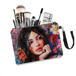 Woman with Red Flower - Sequin Makeup Bag