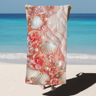 Seashells and Pink Flowers - Beach Towel
