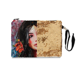 Woman with Red Flower - Sequin Makeup Bag