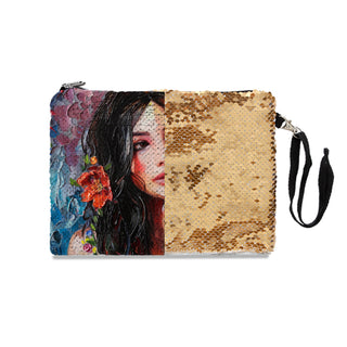 Woman With Red Flower - Sequin Makeup Bag
