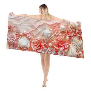 Seashells and Pink Flowers - Beach Towel